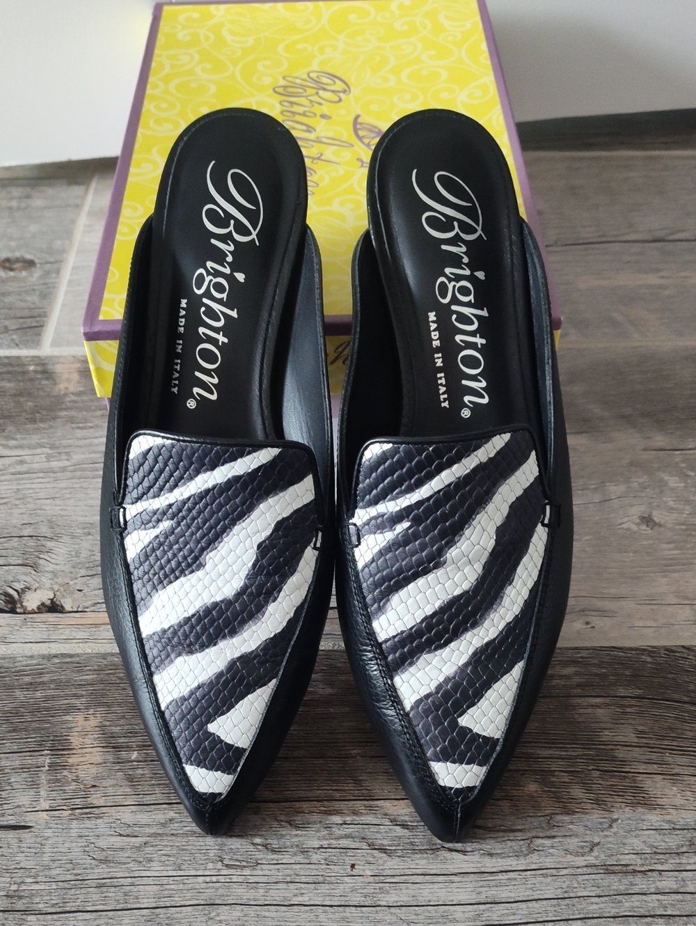 Brighton Black and White Zebra-Print Pointed Slip-On Mules